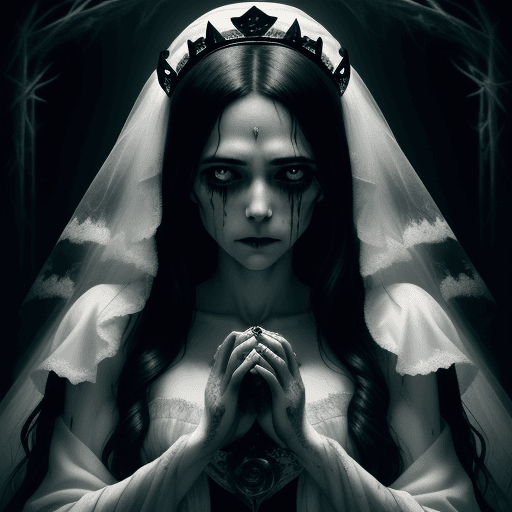 AI generated: Ghost madone, black tears, virgin crown, tattered bridal gown, subtle illumination, sacred heart on ...