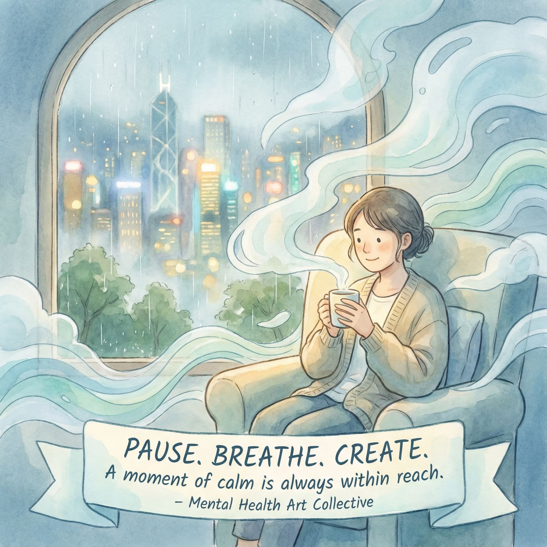AI generated: Create a gentle, dreamlike illustration that visualizes the feeling of calm after a busy day in Hong...