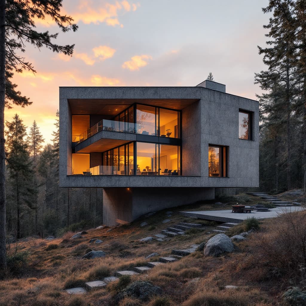 AI generated: a highly details, of a house, where walls are made of windows, in brutalist style, photograph,  at s...