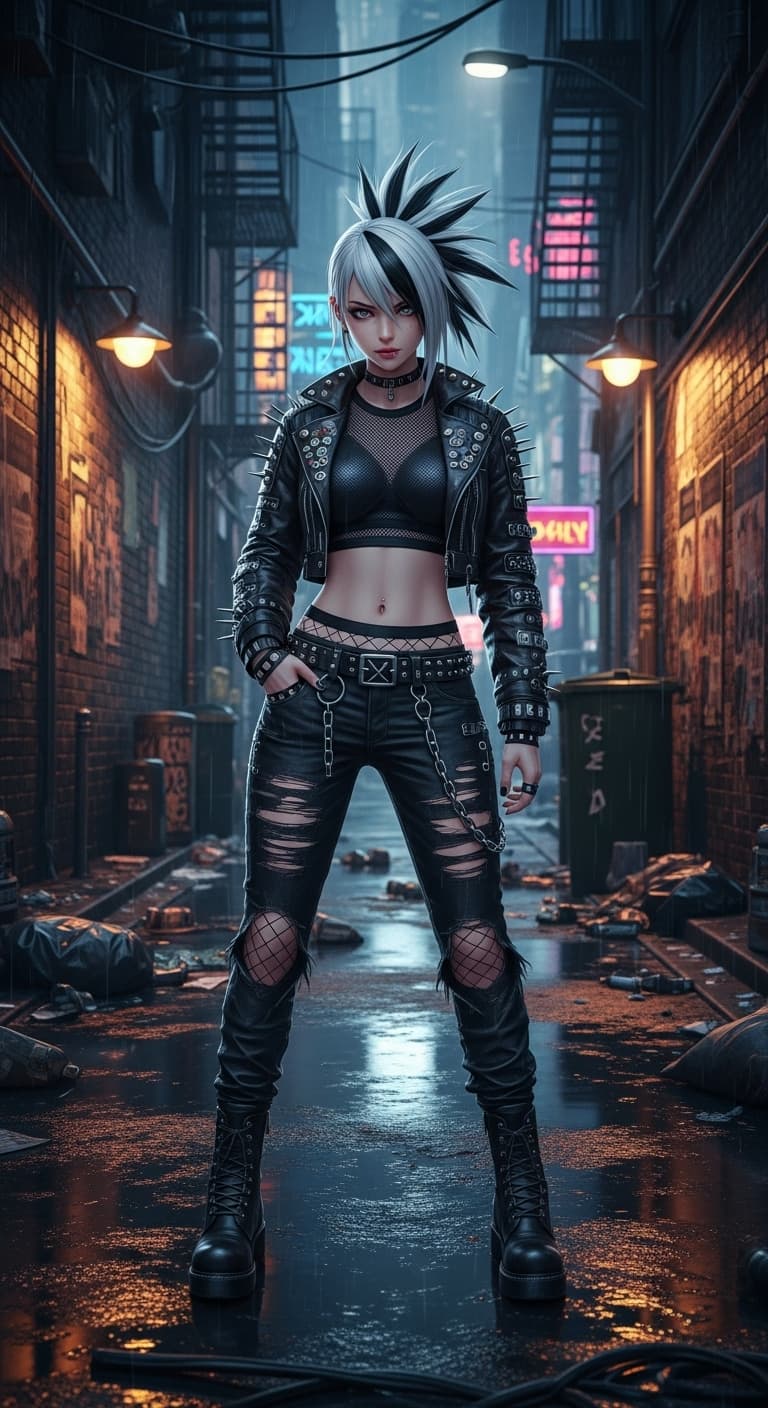 AI generated: hyper-stylized anime-punk girl, silver hair with black streaks, mesh crop top, leather jacket, rippe...