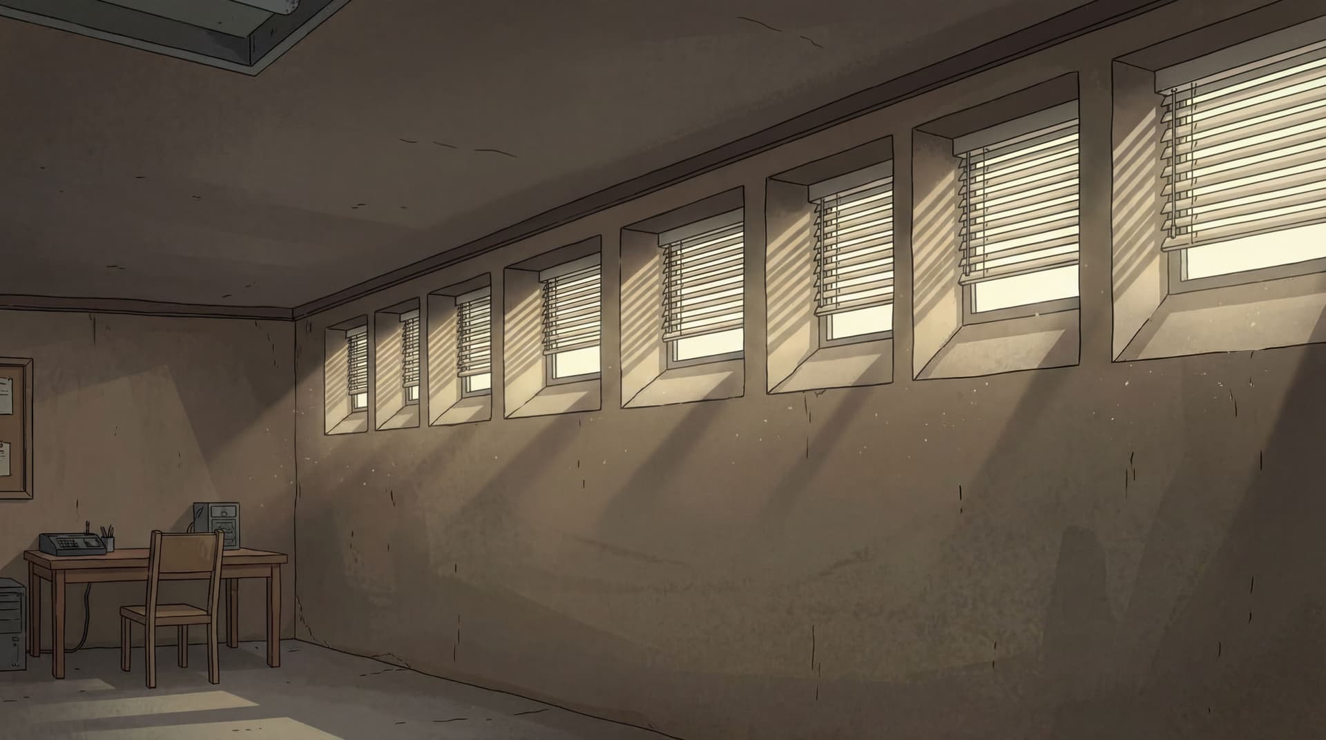AI generated: 
Because the room is partially underground (a basement), the windows are placed high up near the cei...