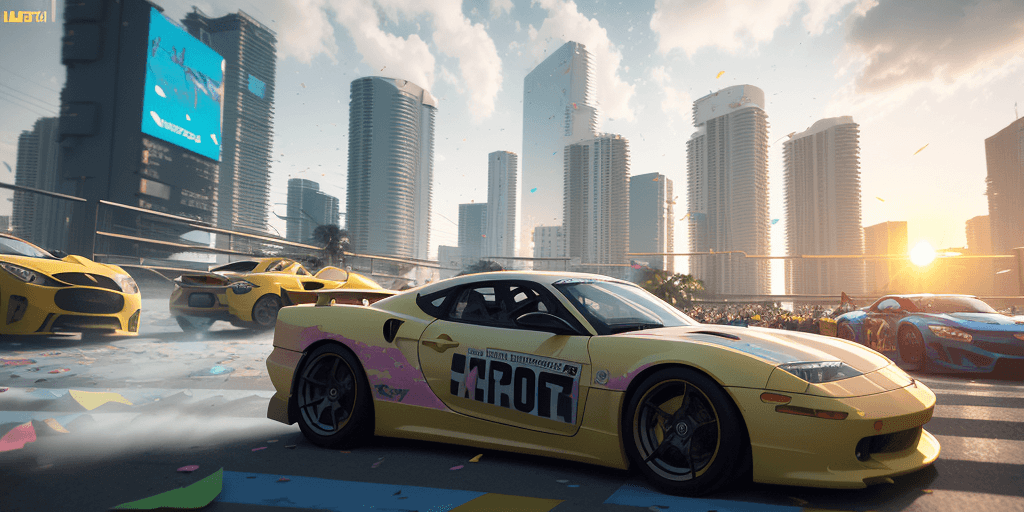 AI generated: bright sunny day beautiful cloudy sky sunset sports car racing down cyberpunk Miami city streets neo...