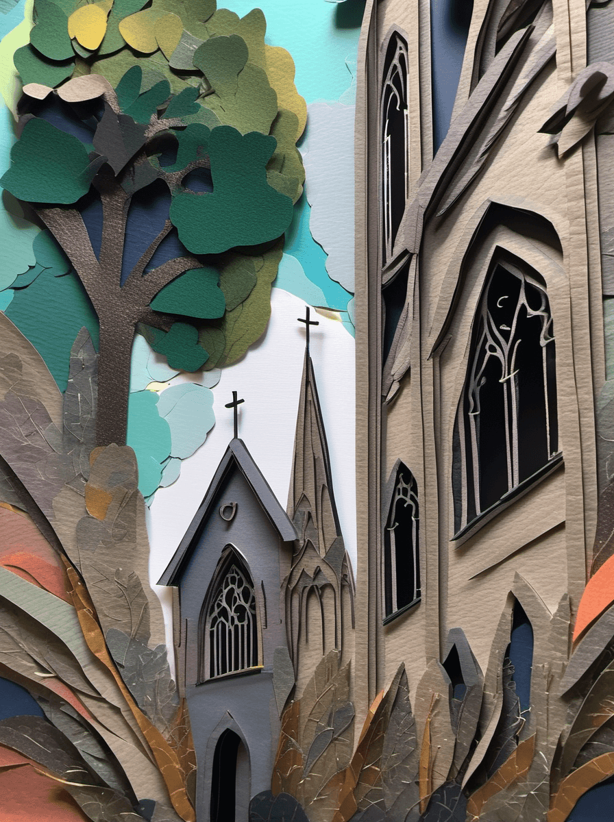 AI generated: gorgeous mysterious church on a silent place, Papercut collage, Mixed media, textured paper, overlap...