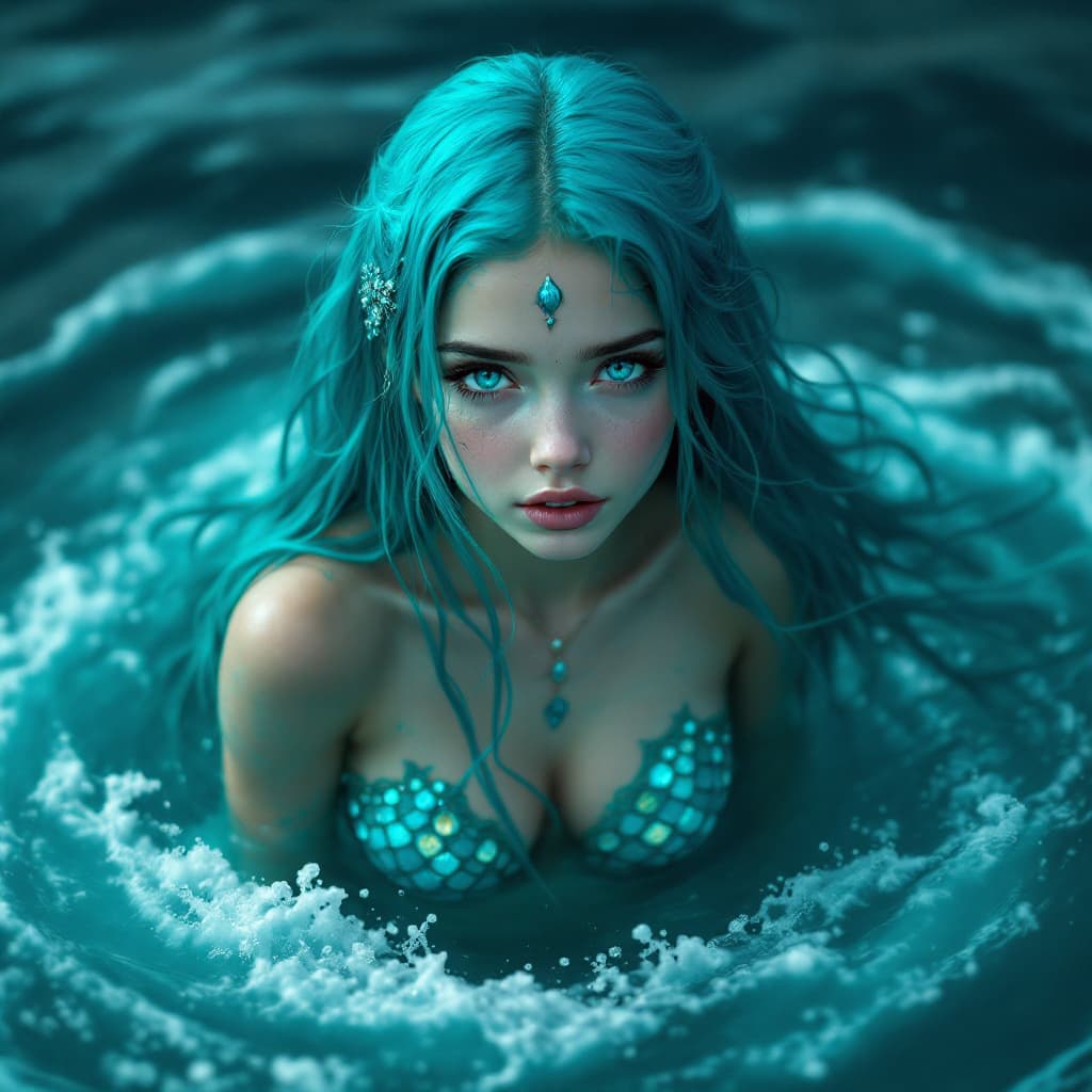 AI generated: A turquoise-haired siren emerges from the sea, her long turquoise hair and hypnotic blue eyes drawin...
