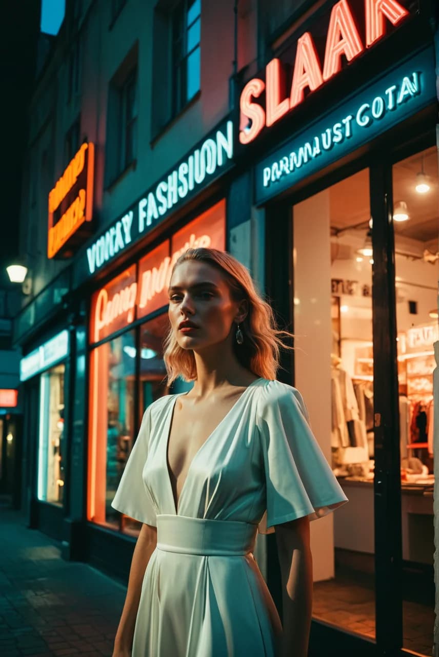AI generated: A woman stands confidently in front of a vibrant storefront at night, illuminated by neon signs that...