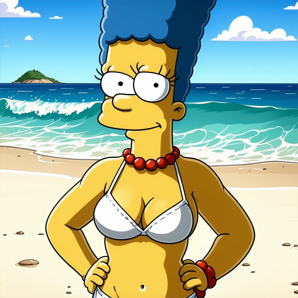 AI generated: Marge Simpson,yellow skin, blue hair, cartoon, white bikini, beach background, hands on hips
