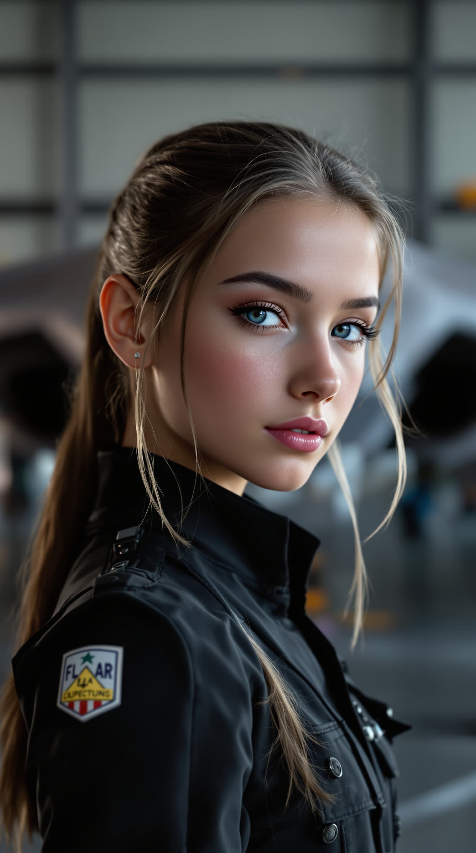 AI generated:  a professional photo of the most beautiful girl in the world second-grader, Lockheed F-117 Nighthaw...