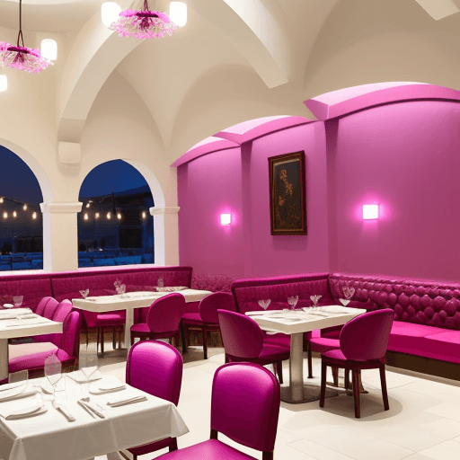 AI generated: Big Greek vibe restaurant modern style with fuchsia flowers and wall arches with indirect light with...