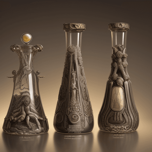 AI generated: Time-traveling potion bottles arranged in a chronology-inspired composition, each representing a dif...