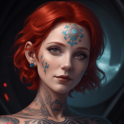 AI generated: Goddess close-up portrait ribcagel, a happy short redhair princess, masterpiece of tatoos, scifi, ma...