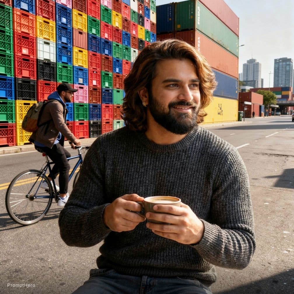 AI generated: contemporary street scene, professional man model with a colorful backdrop of stacked crate, street ...