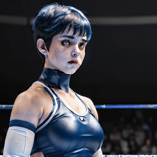 AI generated: Female Wrestler, Dark Blue Attire, White Elbow Pads, Dark Blue Pixie Haircut With Grey Blue Highligh...