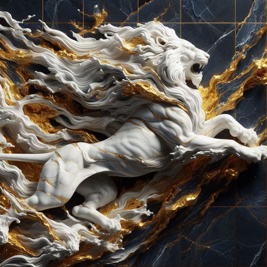 AI generated: loins breaking out on a marble dark blue wall, a gold and white marble sculpture by Min Zhen, trendi...