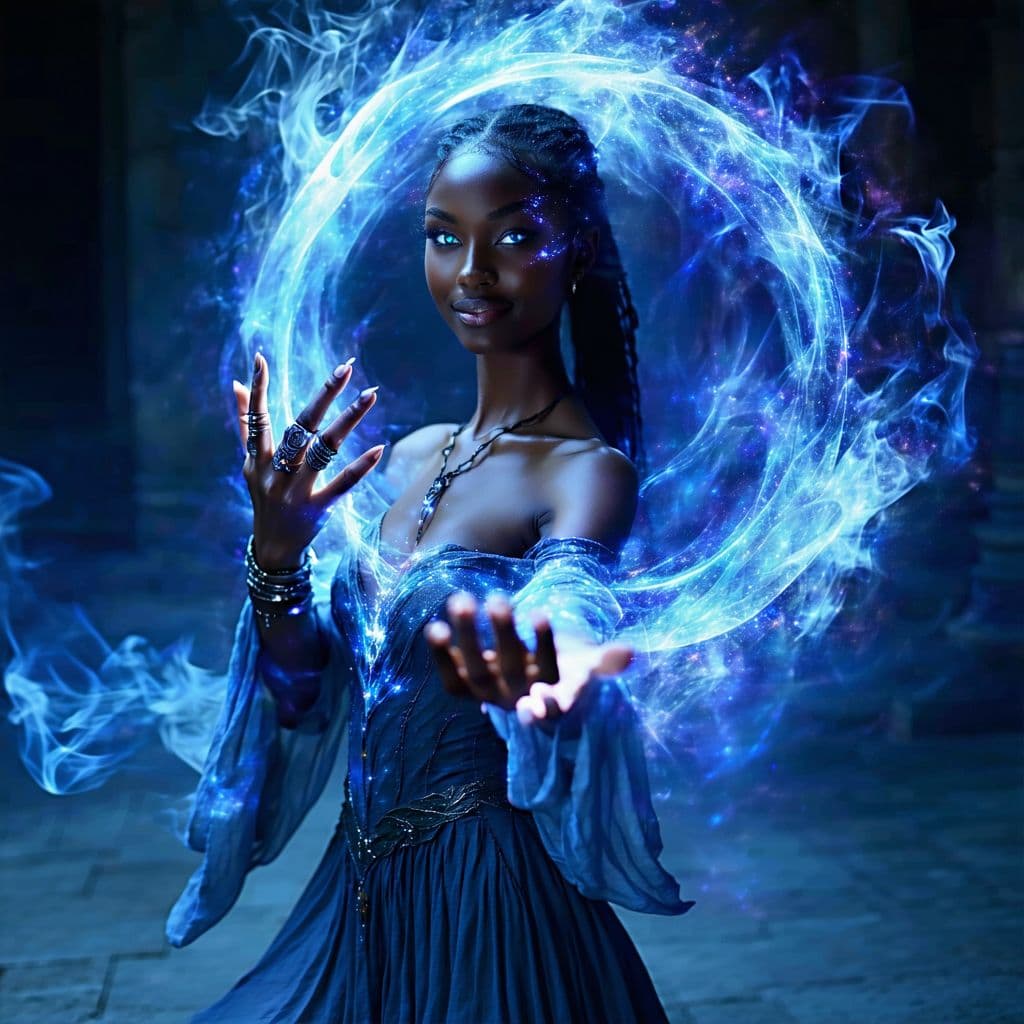AI generated: A stunning slim female wizard stands poised in a magical dark fantasy realm, casting a mesmerizing s...