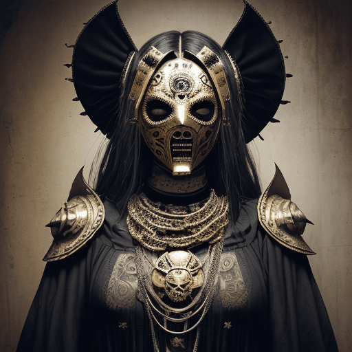 AI generated: a portrait shot of a person wearing a golden luxurious mask with chains around it, metal mask, kris ...