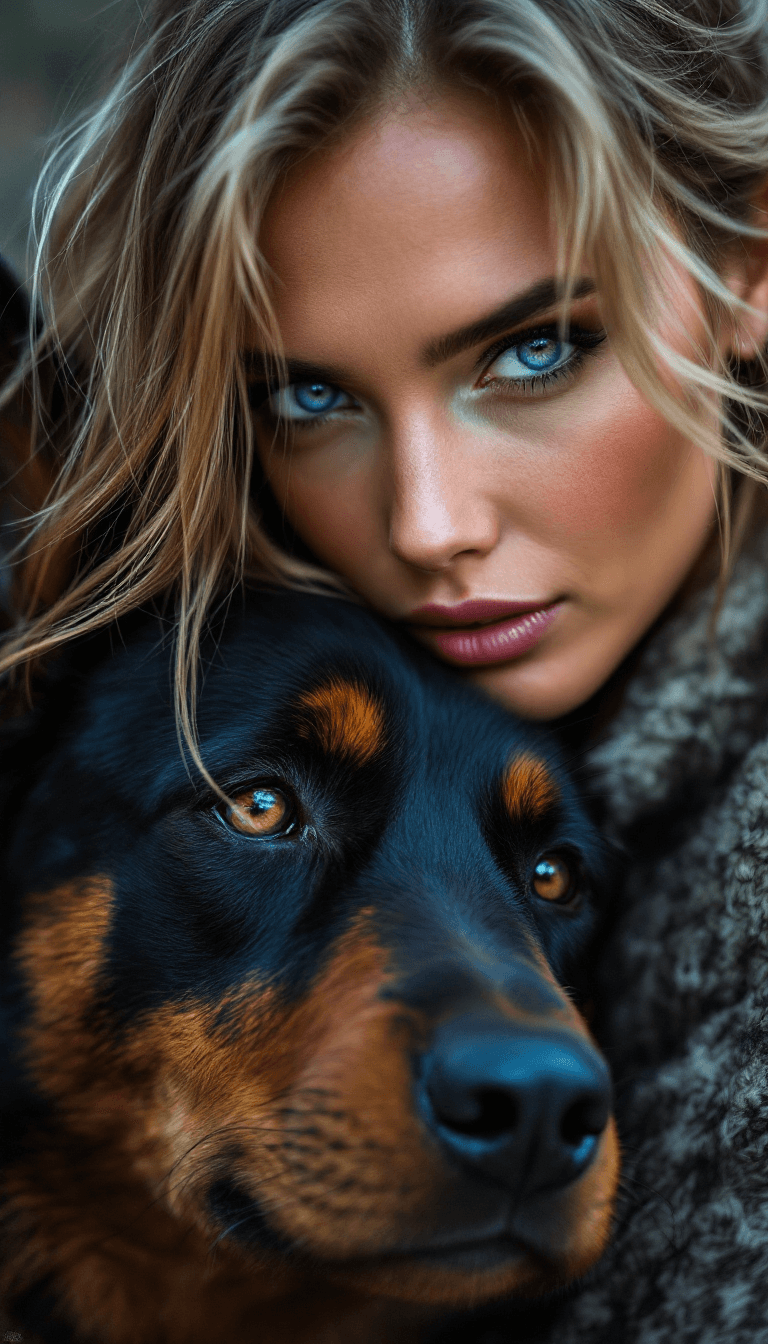 AI generated: macroview of scandanivian woman model posing with a wild rot weiler,ultradetailed fur of rotweileran...