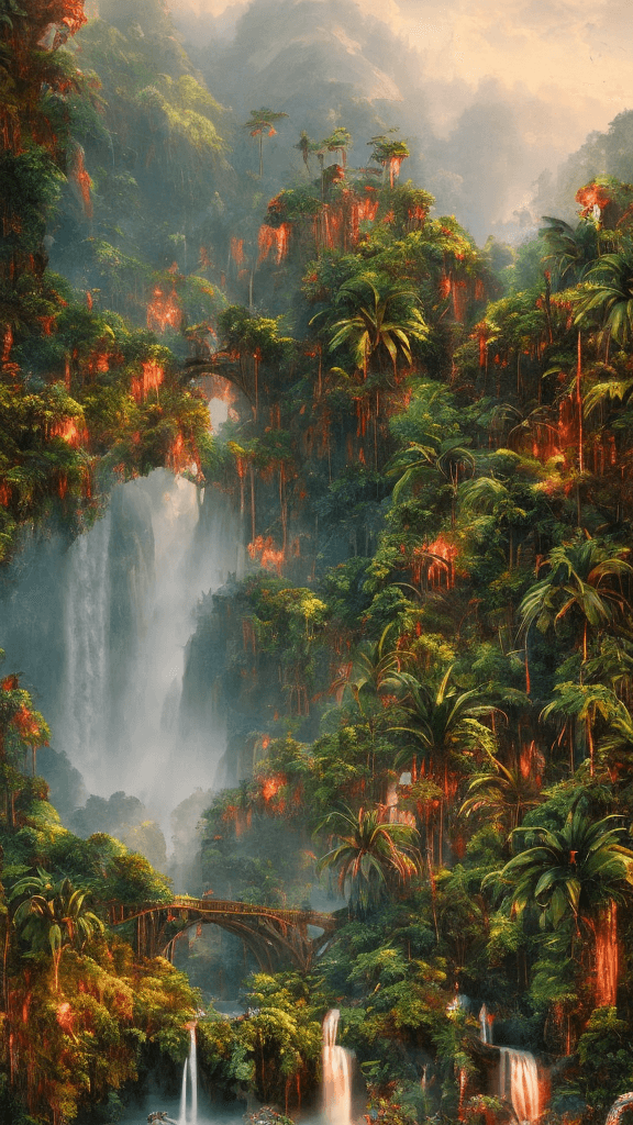 AI generated: tropical landscape, red color, Bokeh, the waterfall, fog over the lake, insanely detailed and intric...