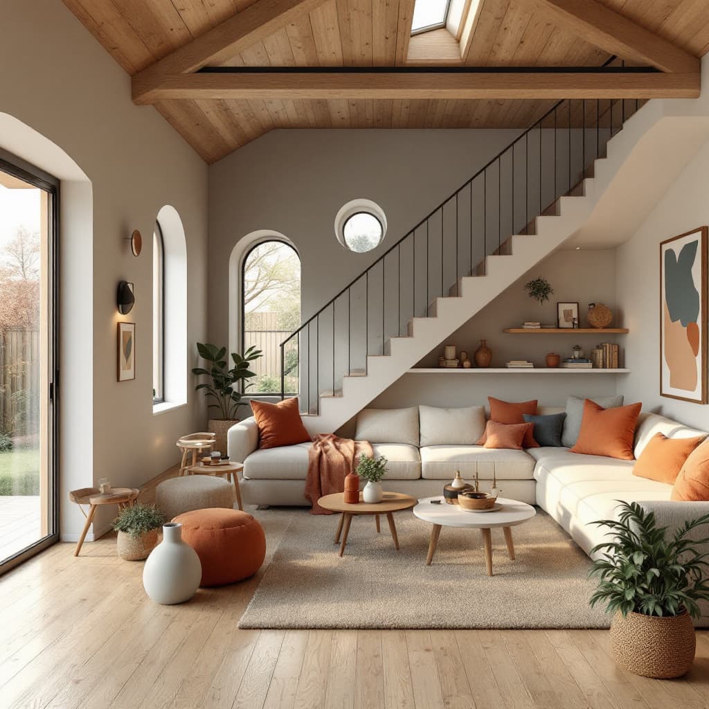 AI generated: High resolution photography interior design, dreamy sunken living room conversation pit, wooden floo...