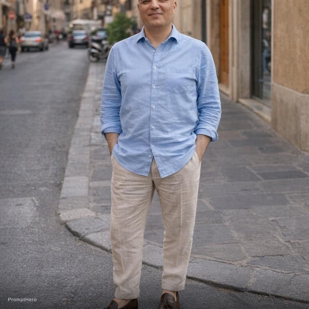 AI generated: "Realistic photo of [USER_IMAGE] wearing a casual Italian outfit, linen trousers, and luxury leather...