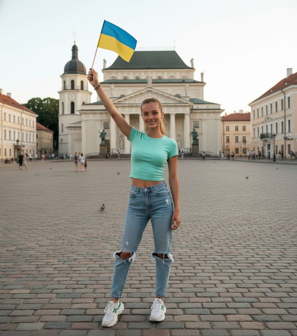 AI generated: 22-year-old 5 foot 7 Spanish girl, standing. stands in Vilnius Old Town against the backdrop in the ...