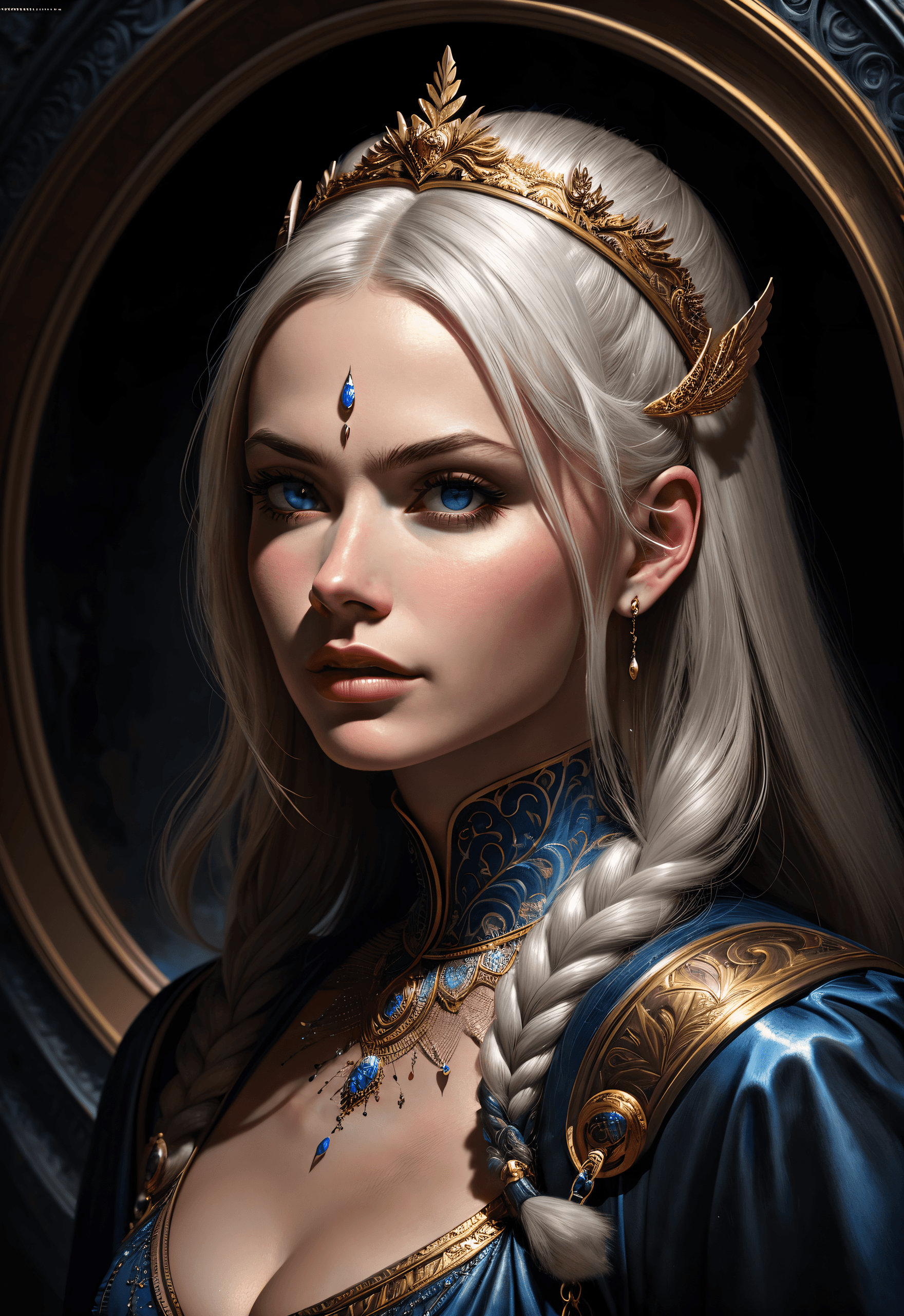 AI generated: style of Boris Vallejo, a celestial goddess, hyper detailed, detailed face, hyper realistic, dark ci...