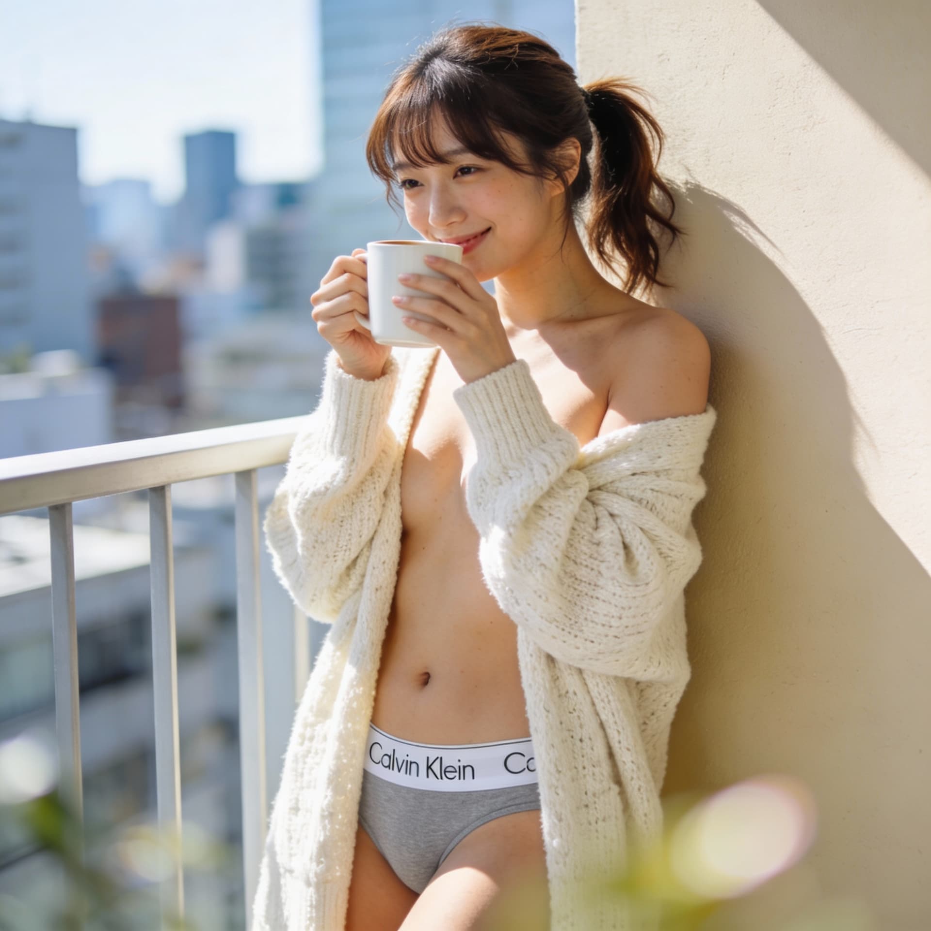 AI generated: A photorealistic gravure-style shot of a beautiful Asian woman standing on a sunlit city balcony. Sh...
