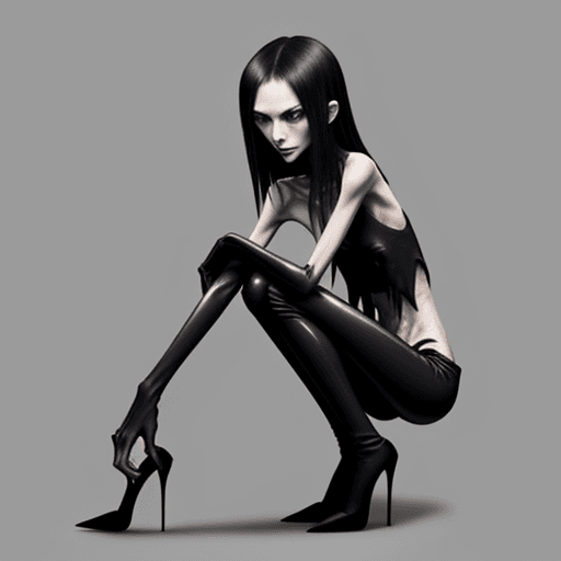 AI generated: very skinny slender girl, with long curved claws, with skinny legs and long skinny calves in high he...