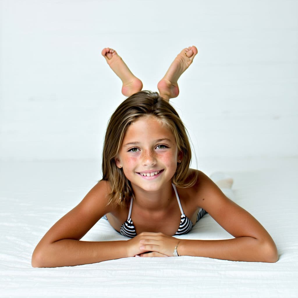 AI generated: young teen in bikini lying on her back legs spread