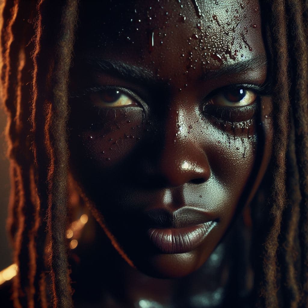 AI generated: Close-up on Michonne's face, beaded with sweat and grime, her tousled dreads clinging to her chisele...