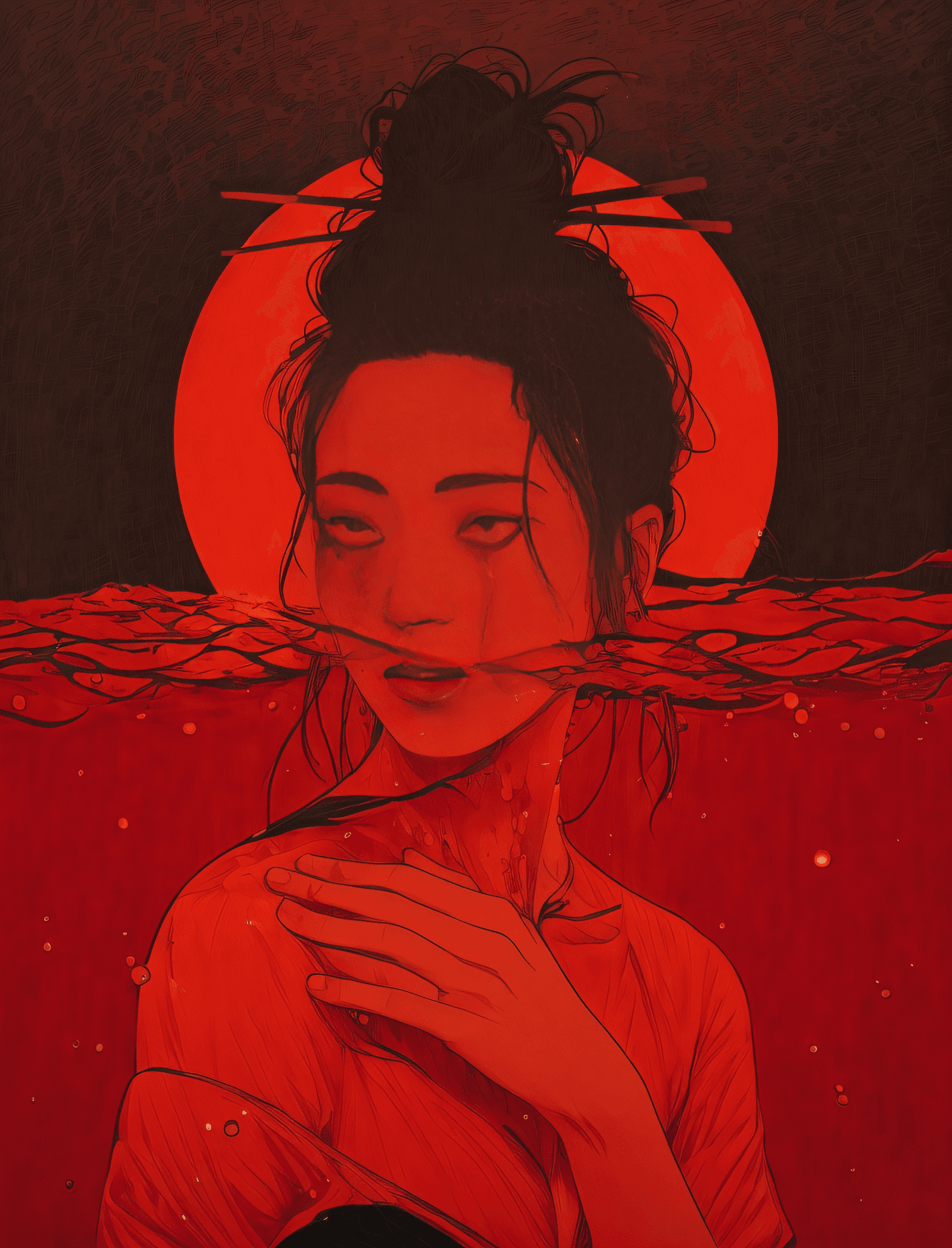 AI generated: a woman with blood on her face standing in the water, inspired by Itō Shinsui, red water, red tears,...