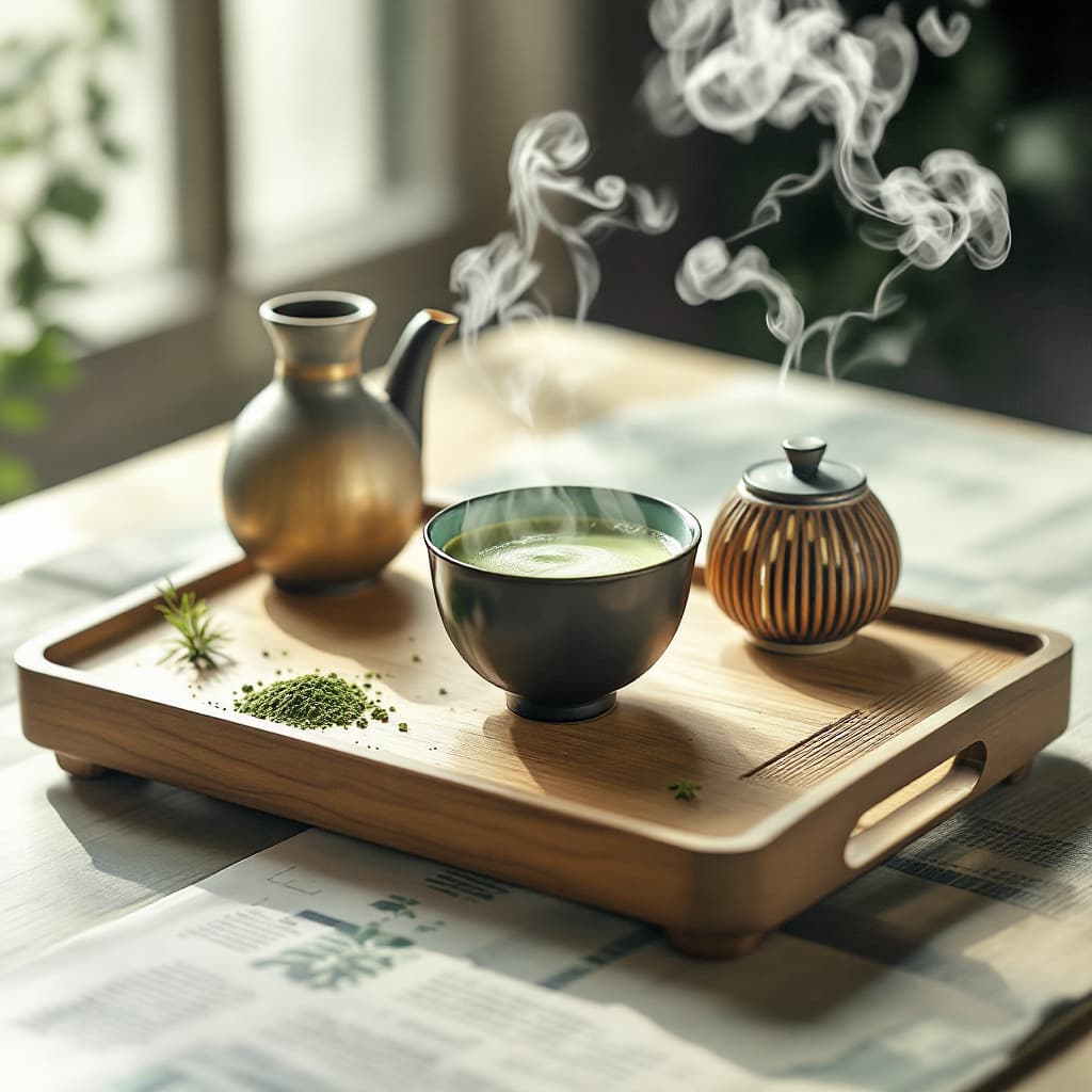 AI generated: A modern Japanese tea set on a wooden tray with matcha powder and steam rising, zen minimalism.cinem...