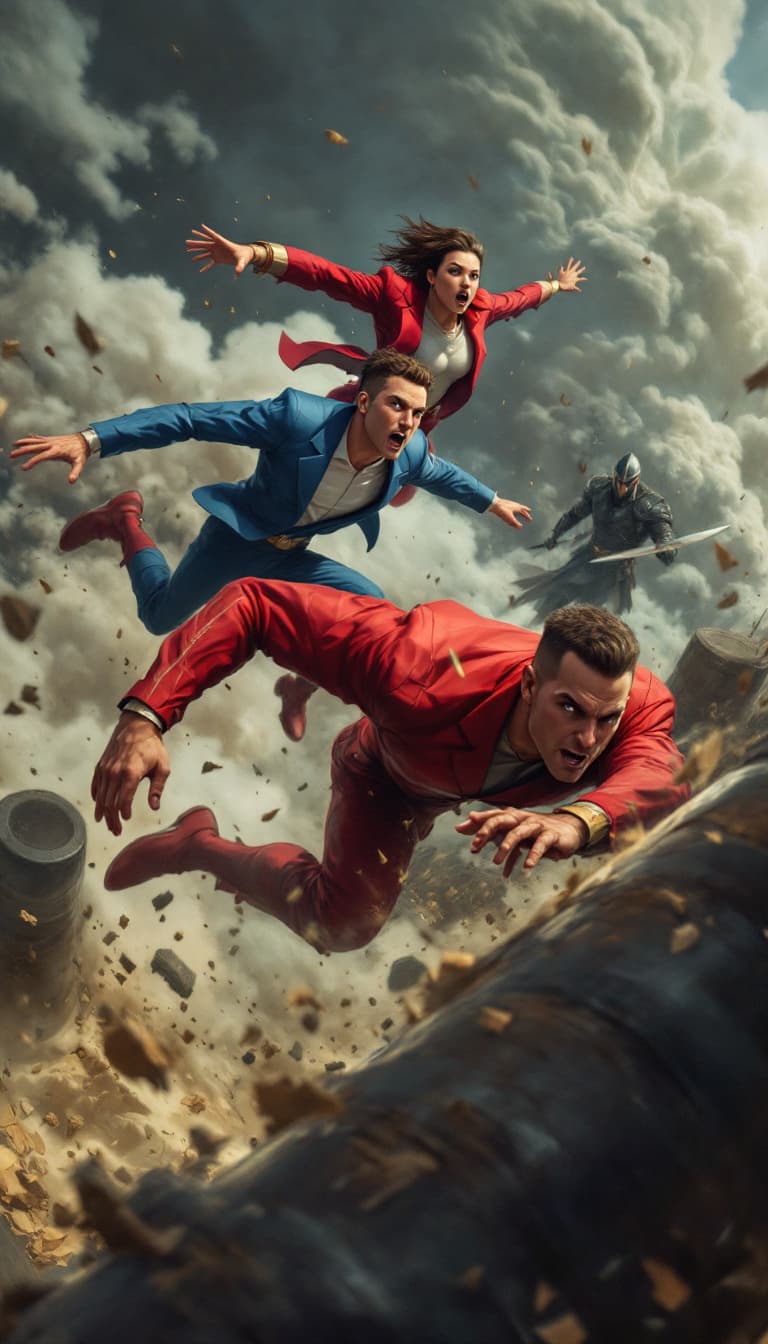 AI generated: mage is a dynamic, digitally illustrated scene featuring two figures in mid-air, surrounded by swirl...