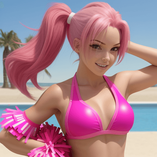 AI generated: An image of a hot pink-haired cheerleader wearing a bikini