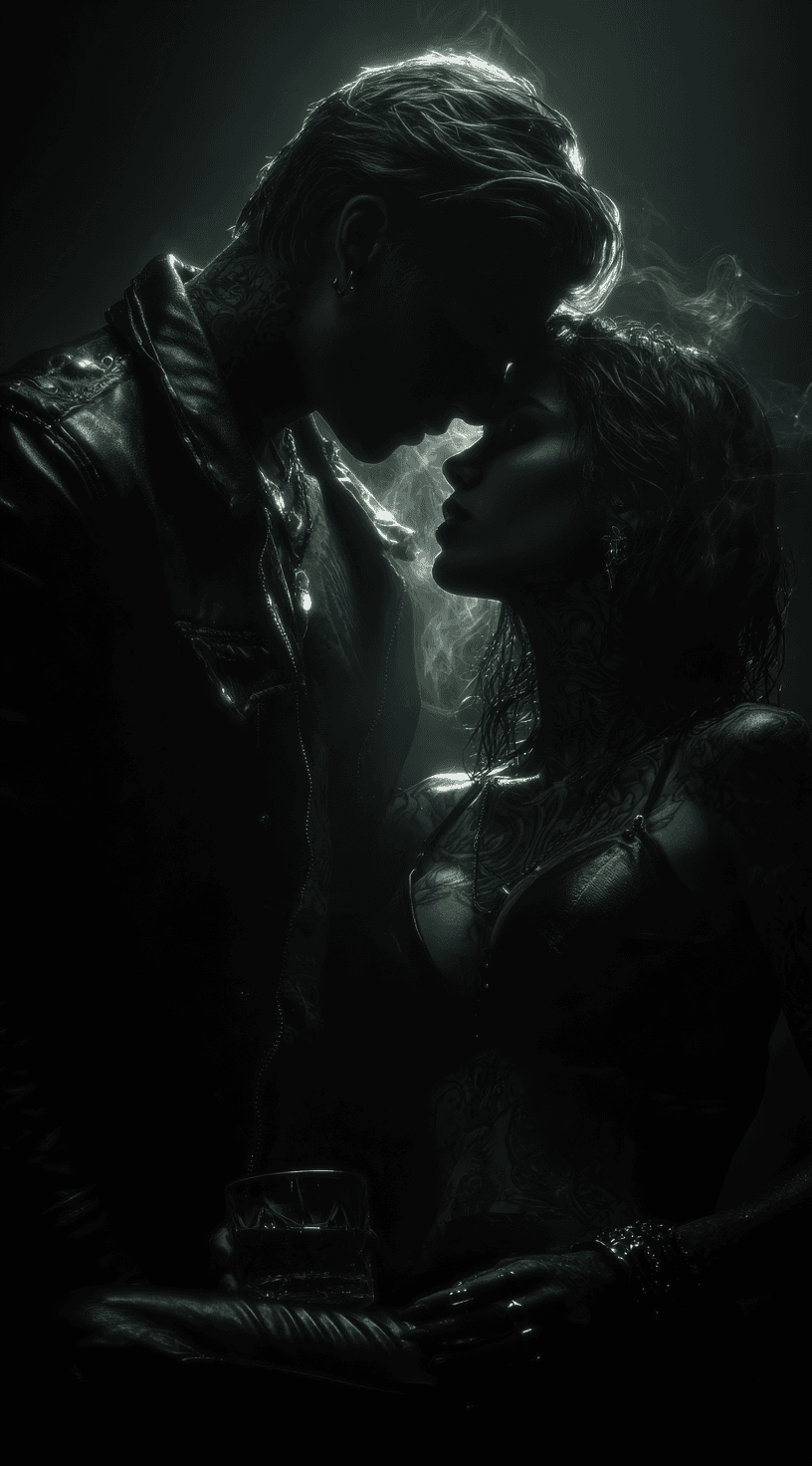 AI generated: Rim lighting; Smoke is in the air from a lit cigarette; Her boyfriend with short high fade dirty blo...