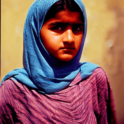 AI generated: a teenage girl of afghani descent with striking rainbow eyes stares at the camera with a deep read h...