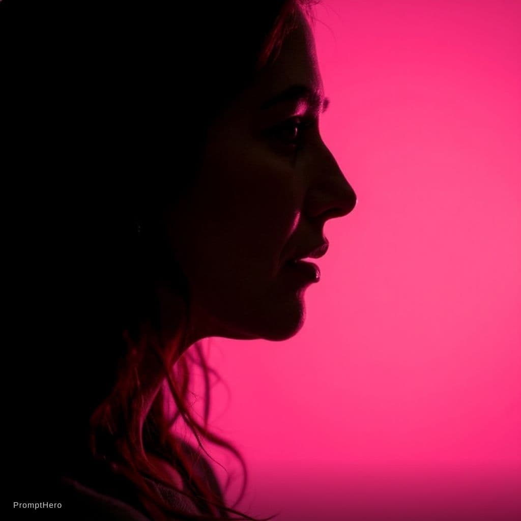 AI generated: photography, portrait of contrast, profile silhouette of a woman, vibrant hot pink backdrop, visuali...