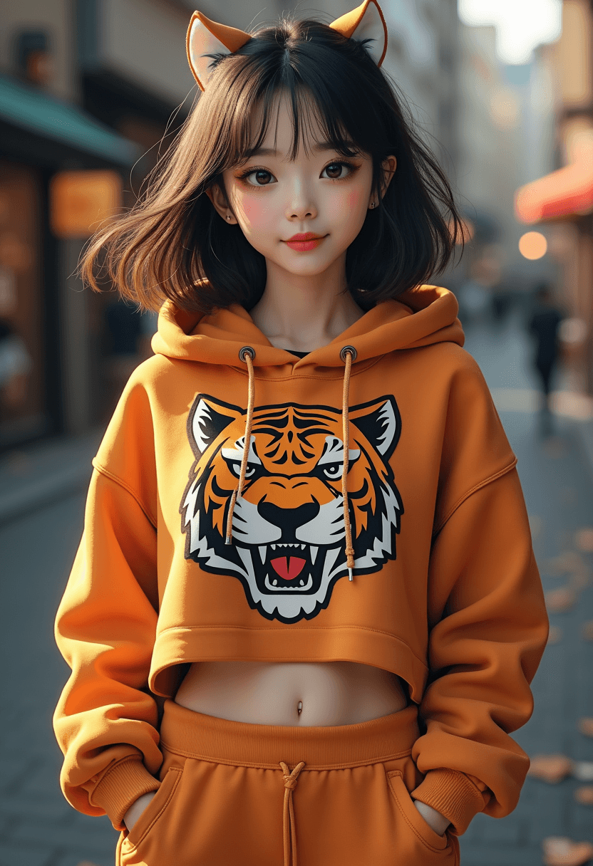 AI generated: 1 girl, beautiful Korean girl, (Cute Loose Bob hair) , (wearing a cropped tiger hoodie, capri sweatp...