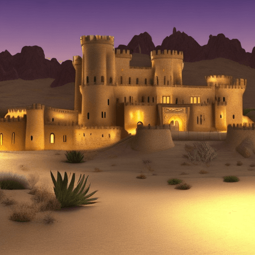 AI generated: castle in desert oasis at night