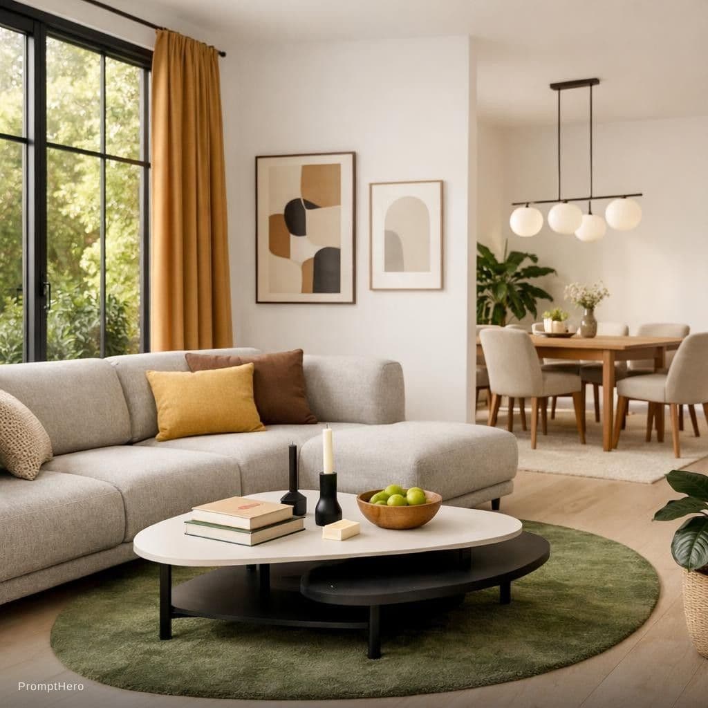 AI generated: scandinavian‑inspired modern living room interior, large floor‑to‑ceiling windows with black frames,...