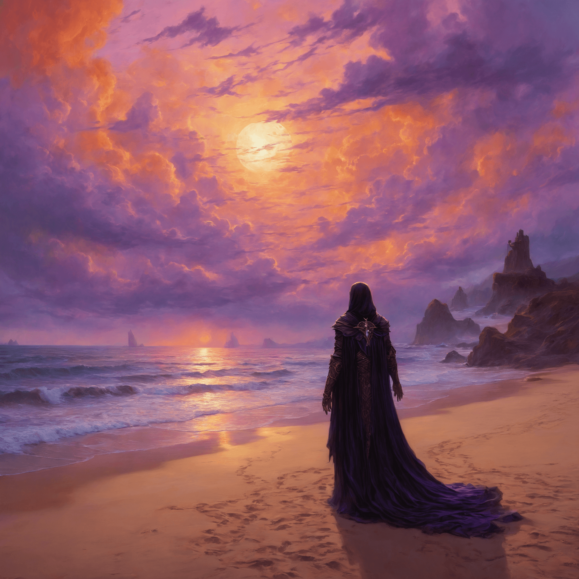 AI generated: Dreamscape Dreamscape ethereal dark fantasy concept art, gothic, sandy beach, sunset, purple and ora...