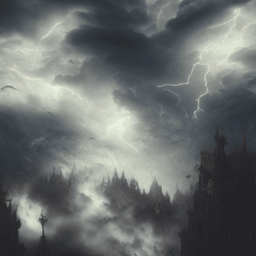 AI generated: an epic scene of angels and demons falling and fighting through thunderstorm skies, the battle for g...