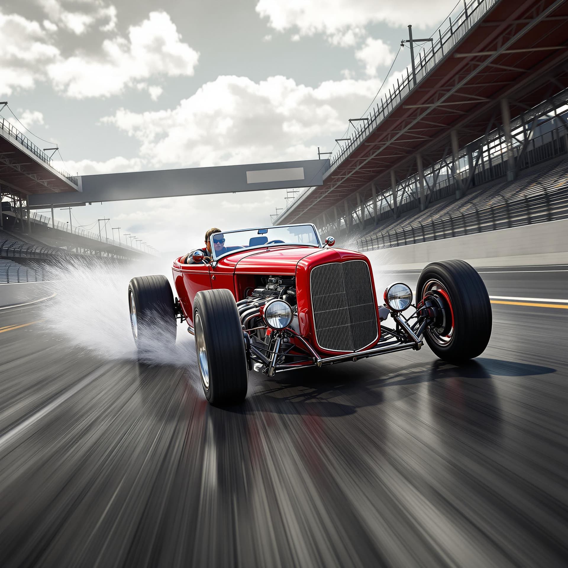 AI generated: Envision a 3D photorealistic, bright red1920s ford hot rod  with a driver charging down a race track...