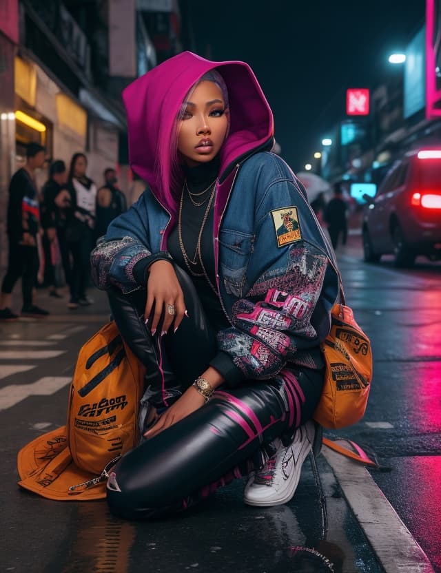 AI generated: the model Nicki Minaj wear a Vetements jacket, hoodie, and pants design by Gucci , still a life , Si...