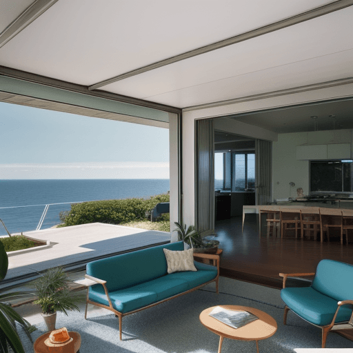 AI generated: Hyper realistic eye level exterior photo of a mid century modern style house overlooking the ocean, ...
