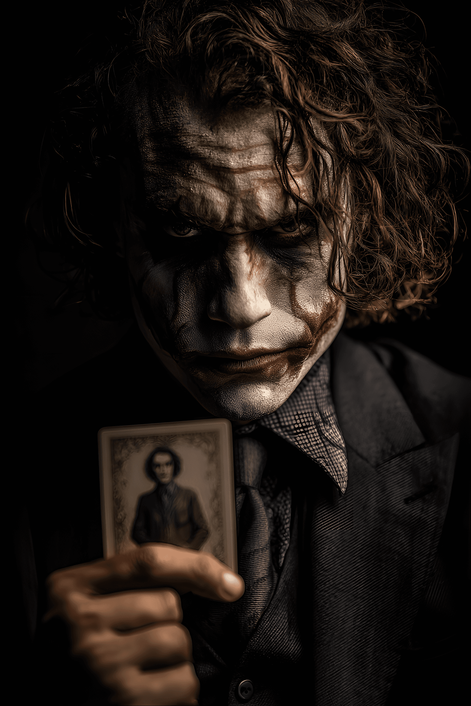 AI generated: Close-up portrait of the Joker, adult male, Caucasian,  with intense, villainous expression.  Dark, ...