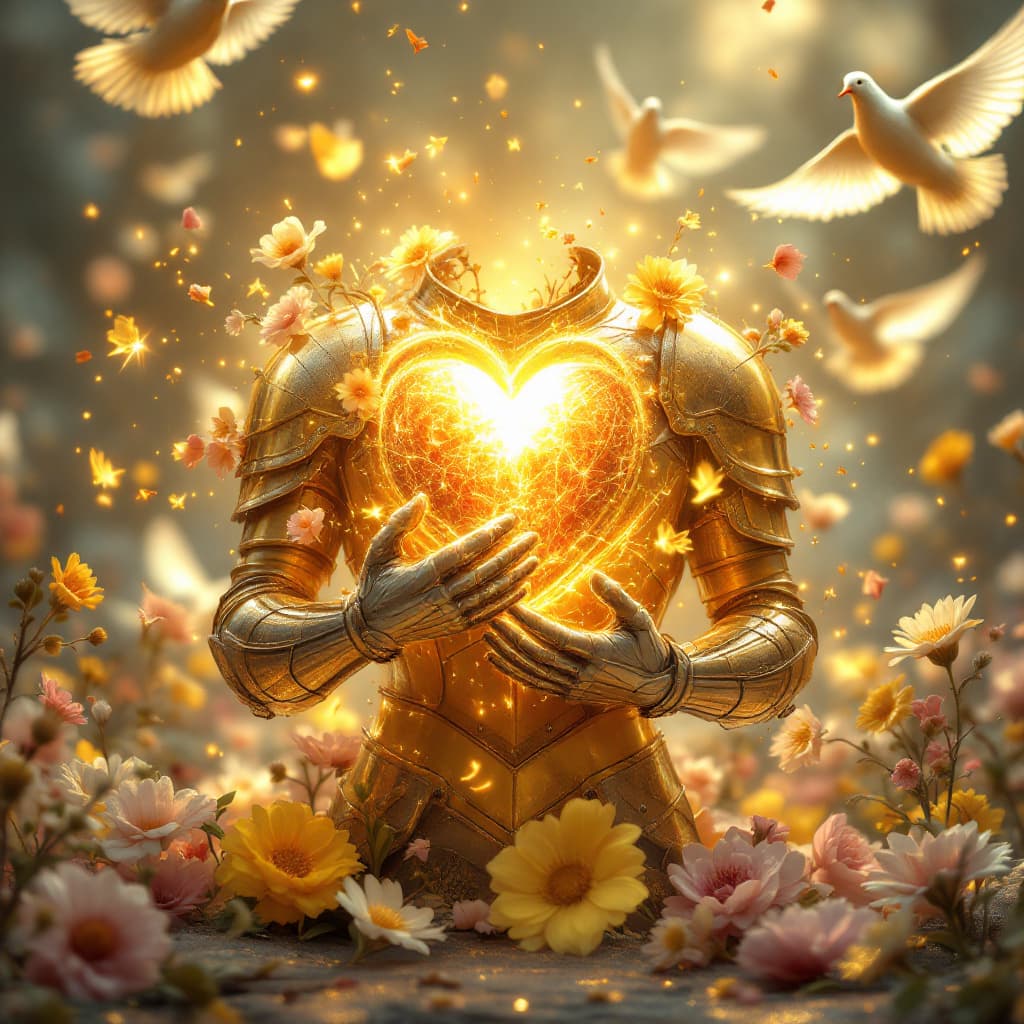 AI generated: A golden heart pulsing inside an armored chest, dissolving the armor, surrounded by blooming flowers...
