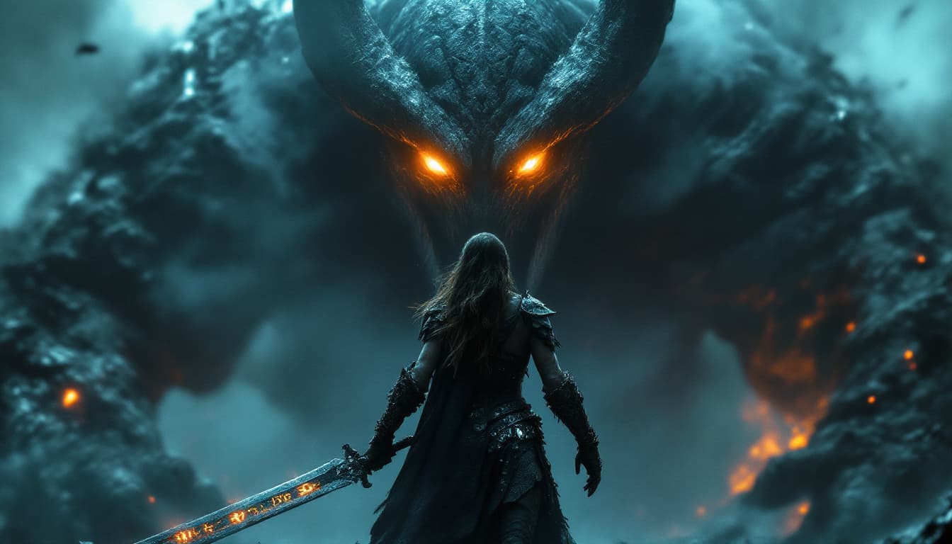 AI generated: In this captivating dark fantasy cinematic photo, a powerful barbarian woman dressed in light chainm...