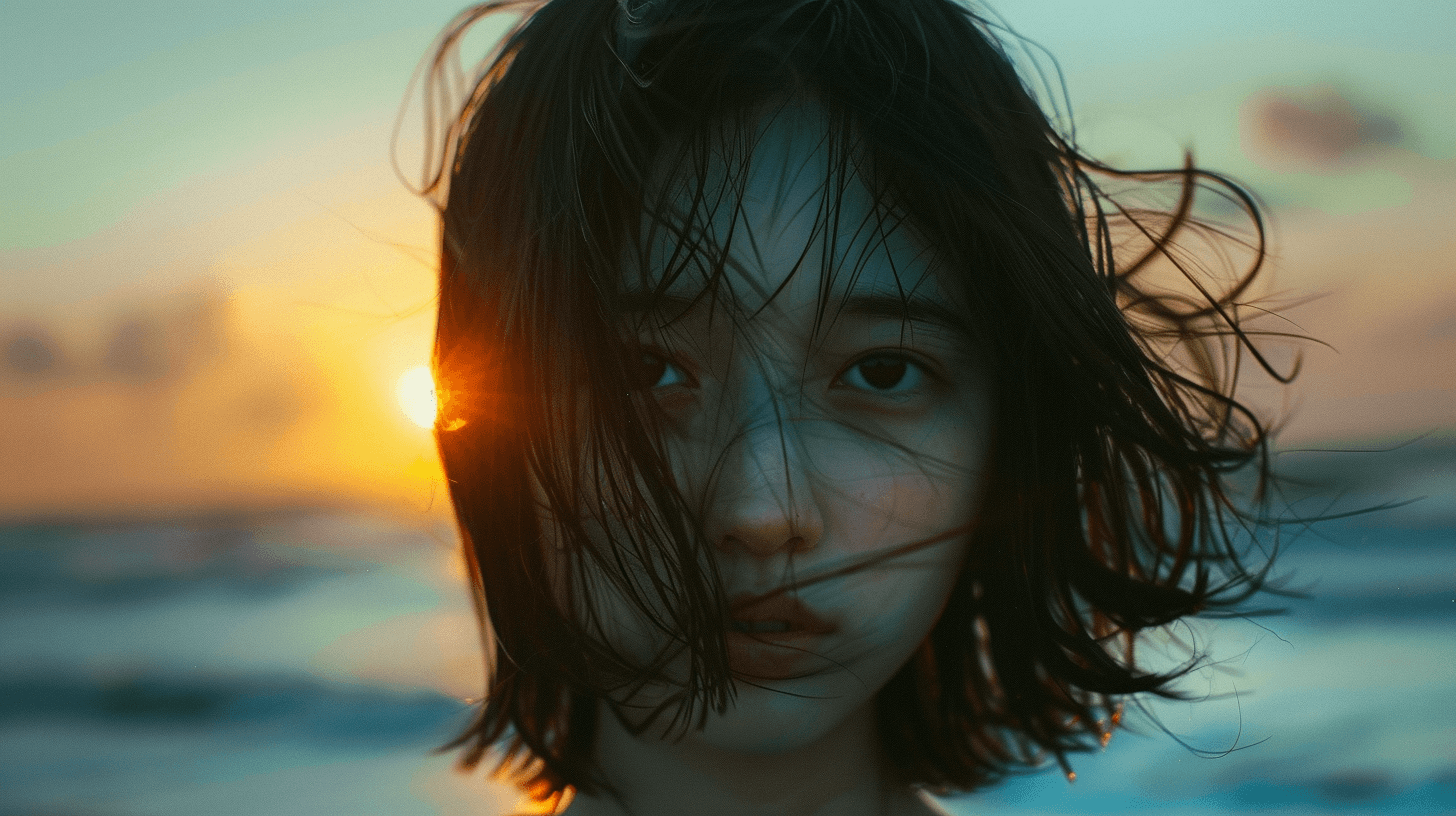 AI generated: japanese girl with strange beautiful face in the beach, beautiful sunset, cozy light, fujifilm, surr...