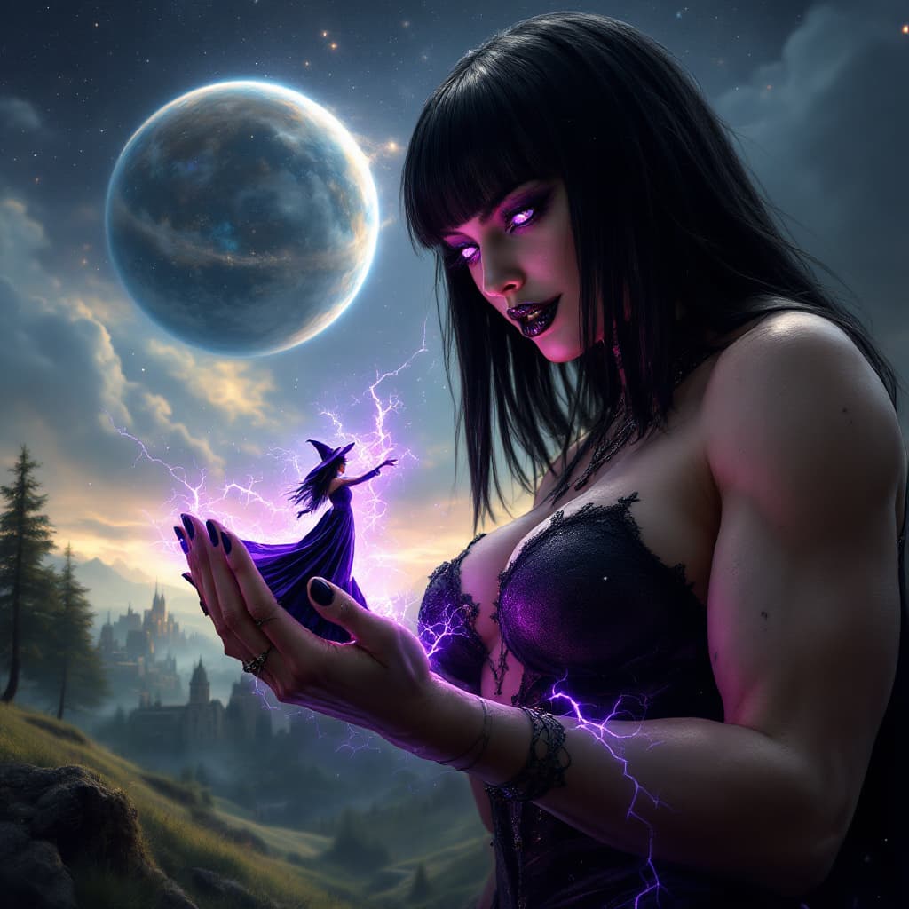 AI generated: enormous giantess female who looks like WWE superstar 
 Rhea Ripley with black medium length hair an...