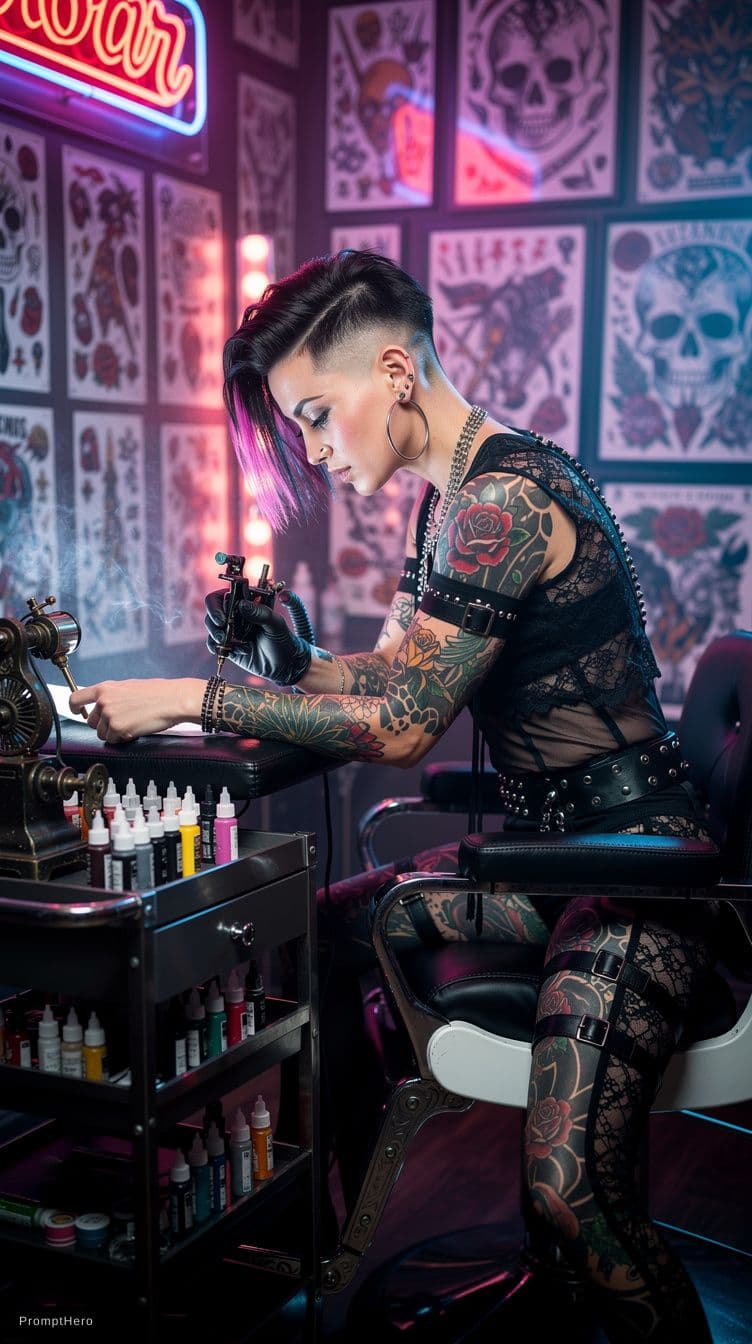 AI generated: a bold and edgy portrait of a tattoo artist working in a vibrant, neon-lit studio. The woman exudes ...